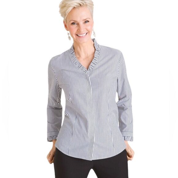 Chico’s No Iron Blouse Ruffle V-Neck Blue & White Stripes Size Small - Picture 1 of 12